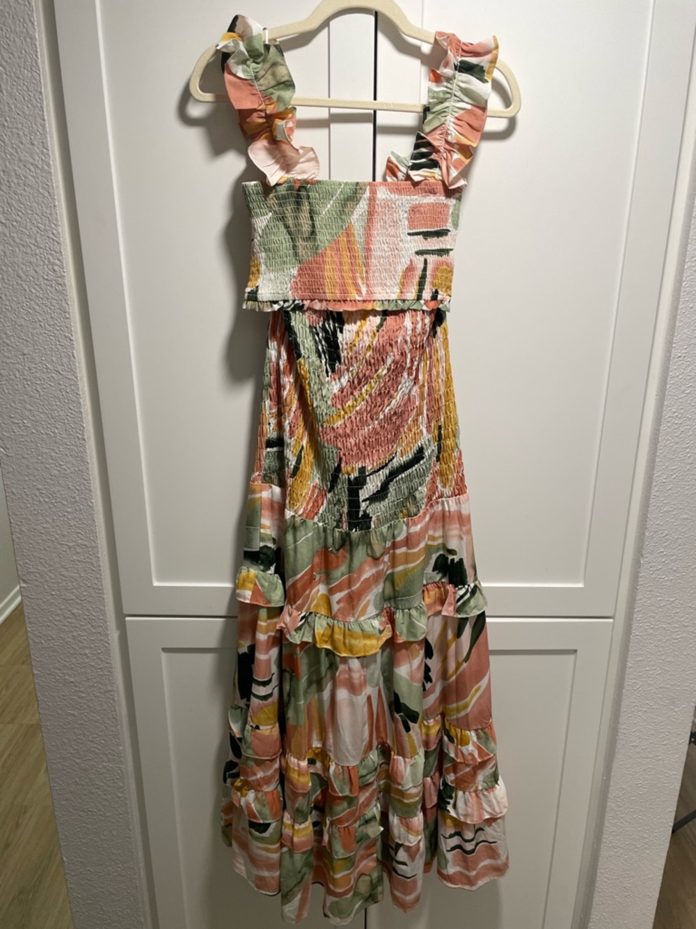 Watercolor Brush Stroke Multicolor Tropical Smocked Ruffle Tiered Maxi Skirt Set - Picture 5 of 14